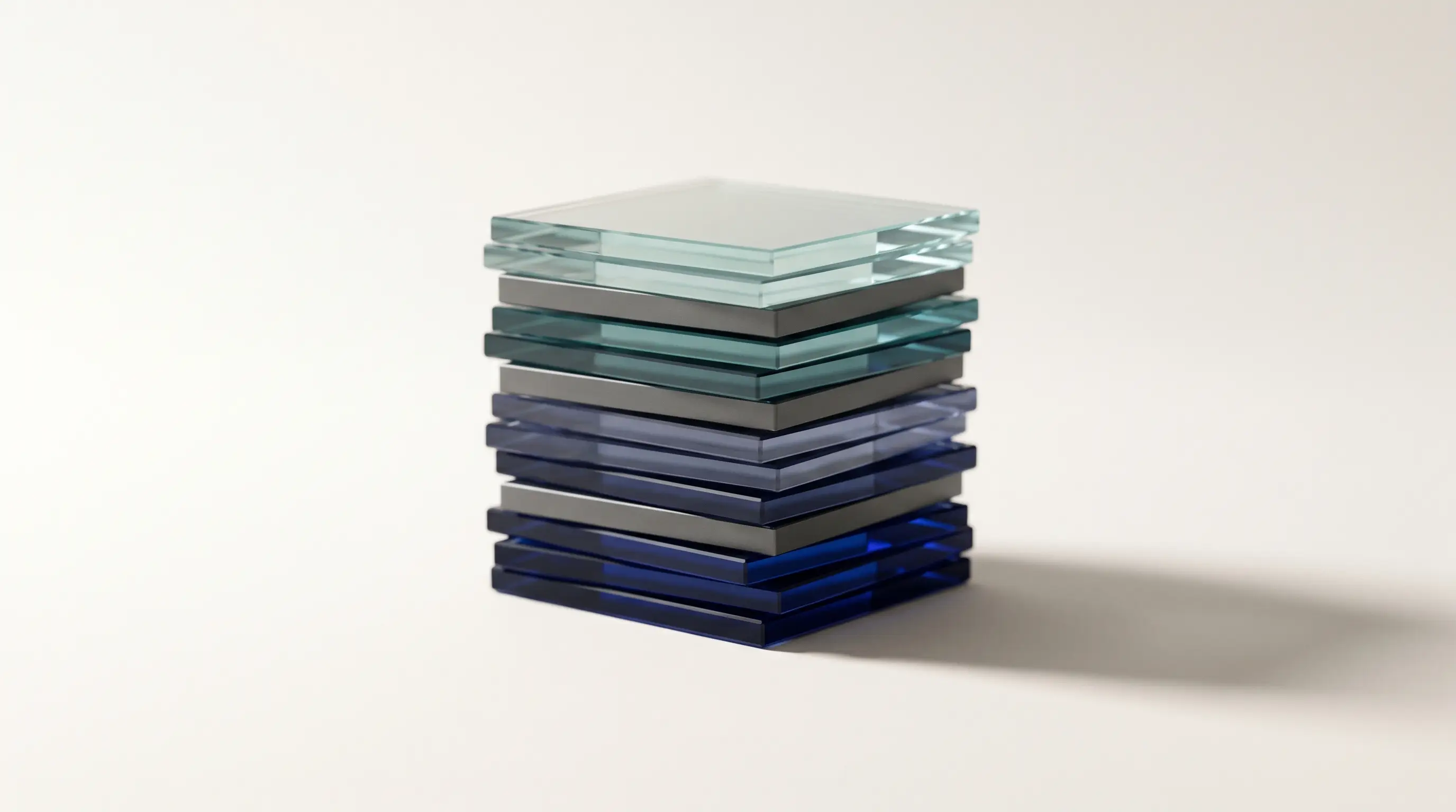 A machined stack of translucent glass slabs and metal plates, dark cobalt at the base grading to clear at the top — a system built in layers.
