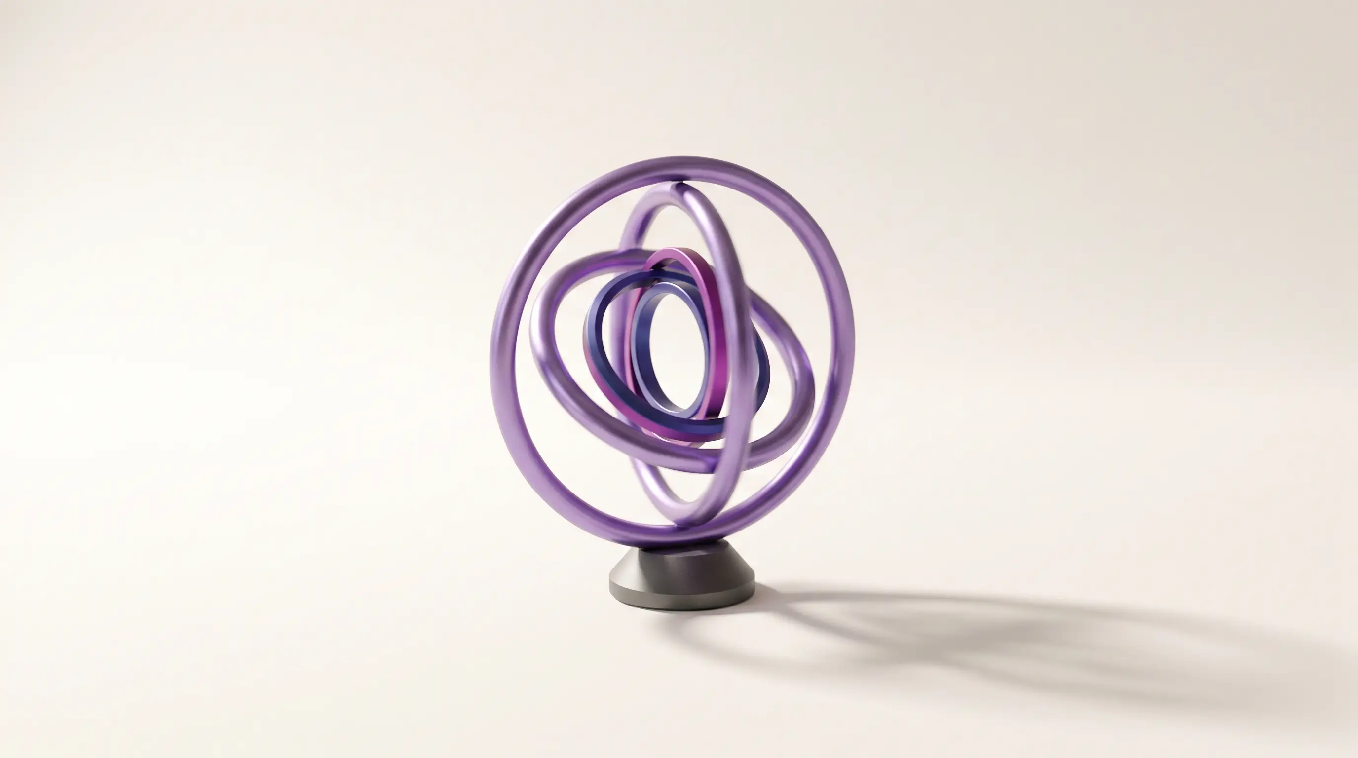 A precision gyroscope of nested violet metal rings on fine pivots — a self-correcting loop.